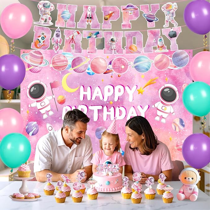 Pink Space Birthday Decorations Outer Space Theme Party Supplies Solar System Happy Birthday Banner Background Cake Cupcake Toppers Balloons for Galaxy Planet Astronaut Party Favor Decor