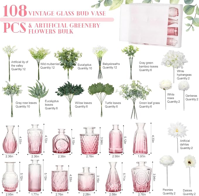 FoldTier 108 Pcs Artificial Flowers in Vase 96 Pcs Faux Greenery Stem Table Centerpiece Fake Plants Silk Roses Arrangement 12 Pcs Glass Vase Sets for Wedding Bathroom Home Dining Decor(White Pink)
