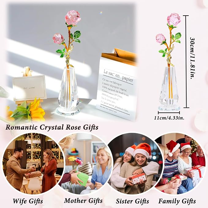 YWHL Handmade Pink Rose Flower Crystal Figurine with Vase, Bouquet Glass Flowers Ornament Rose Gifts for Women Mom Wife, Crystal Flower Home Decor for Anniversary Mother's Day Wedding