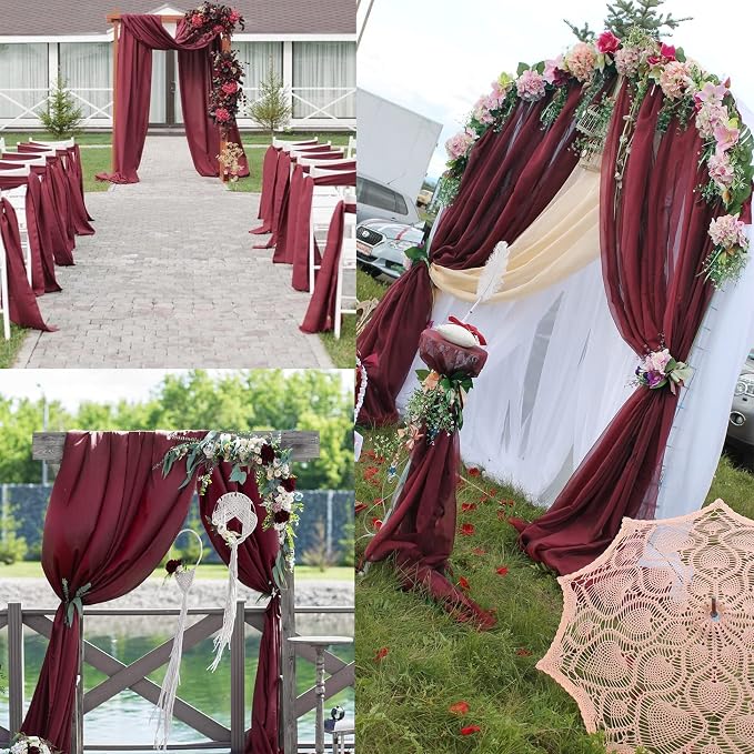 Fivenl 12 Pack Chiffon Table Runner - 12 x 120 Inches Sheer, Romantic for Wedding, Birthday, Party & Baby Shower Decoration (Burgundy)