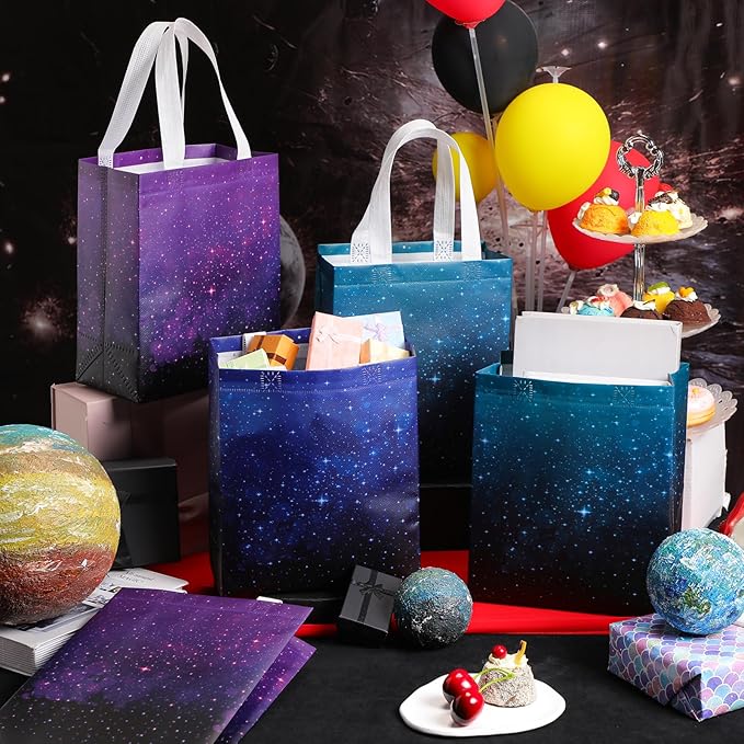 Locmeo 36 Pcs Galaxy Party Favor Gift Bags Starry Sky Goodie Space Star Reusable Bags Non Woven Starry Night Candy Treat Totes Graduation Gift Bag Birthday Party Decorations, 8 x 4 x 10 Inch