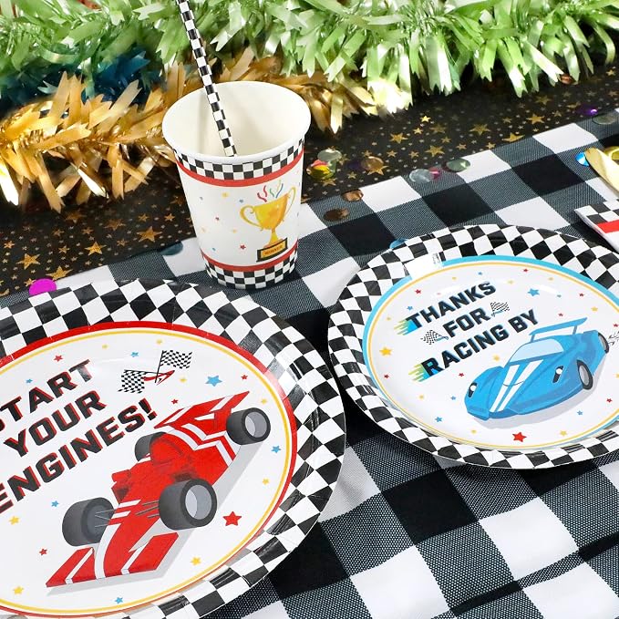 Recheel Racing Car Party Supplies Decorations, Checked Race Car Theme Birthday Paper Plates and Napkins Set with Cups and Straws for 24 Guests, 120 Pcs Disposable Party Dessert Dinnerwares