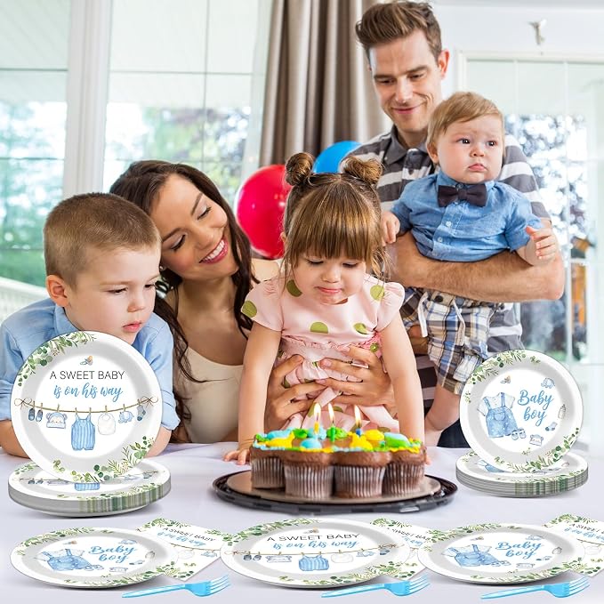 200Pcs Greenery Baby Shower Plates and Napkins Decoration Watercolor Blue Party Tableware Dinnerware Set A Sweet Boy Is On His Way Paper Plates for Baby Boy Gender Reveal Party Supplies Serve 50