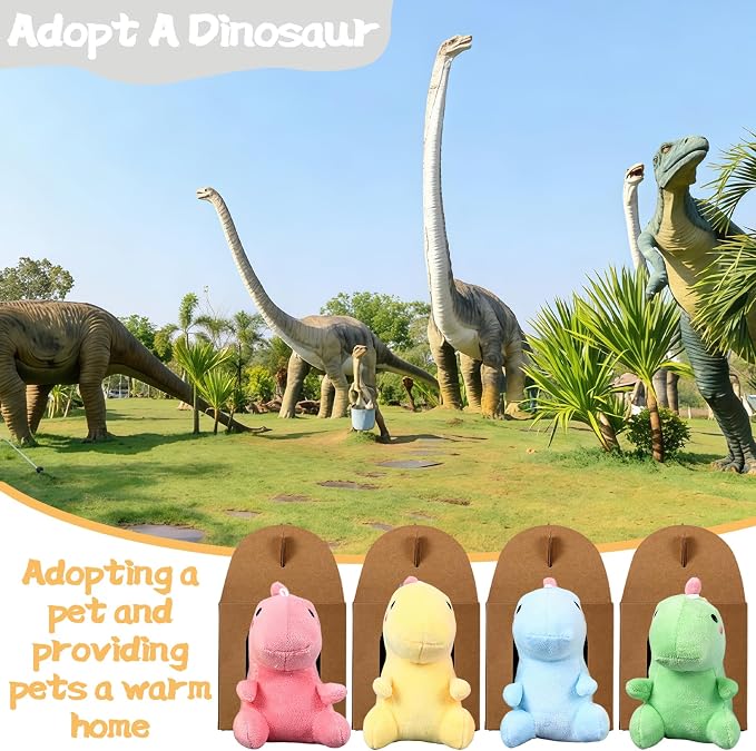Adopt A Dinosaur Party Favors Mini Plush Stuffed Animals Set with 12 Plush Dinosaur Mini Fence Blackboard Kraft Paper Box for Adopt An Animal Themed Birthday Party