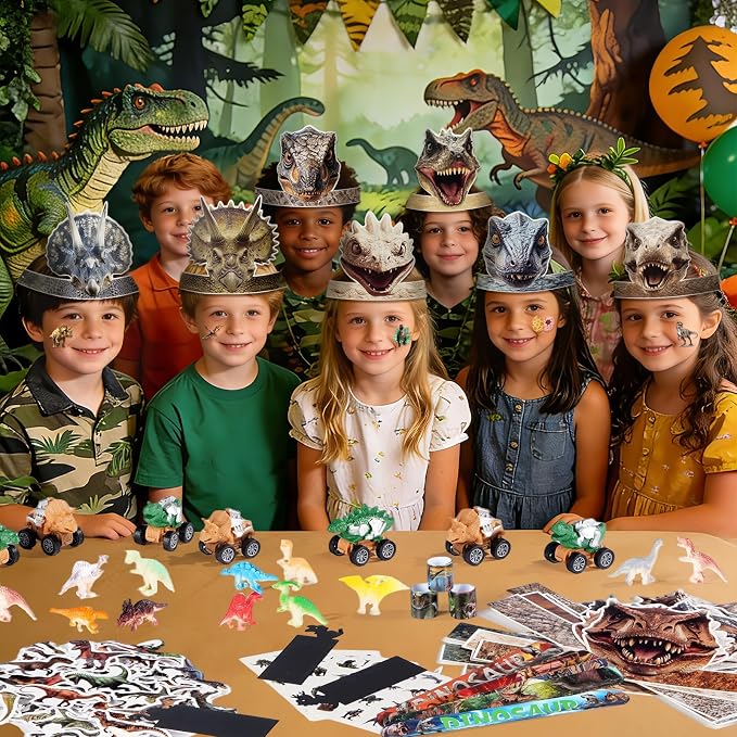 Vanblue 134 Pcs Dinosaur Party Favors Set Gift Prehistoric Dinosaur Birthday Decorations Classroom School Reward for Kids Prizes Forest Realistic Dino Headbands Goodie Bag Stuffers