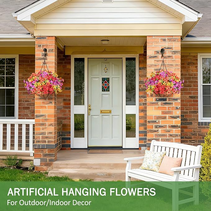 AGIRL 2 Set Artificial Hanging Flowers with Baskets for Outdoors,UV Resistant Fake Hanging Plants for Outdoor Porch Patio Garden, Realistic Silk Flowers for Spring Summer Home Decor