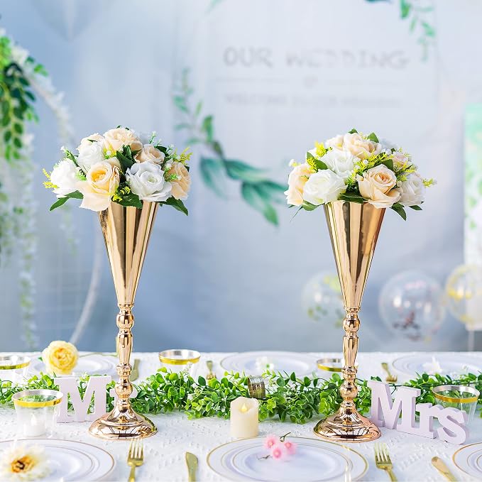 Gold Vase Centerpiece Table Decorations - 10 Pcs Metal Tabletop Flower Stand, Wedding Decorations for Reception, 16.5in Trumpet Tall Flower Vase for Birthday, Weddings, Anniversary, Home Decor