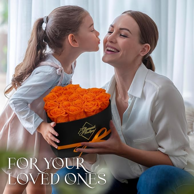 GLAMOUR BOUTIQUE 16 Flower Forever Heart Shape Box, Mothers Day Gift For Mom, Eternal Preserved Roses Gift for Her, Flowers bouquet, For Birthday, Anniversary, Girlfriend - Orange (Color-Treated)