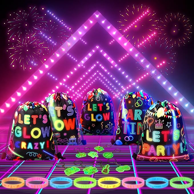 Talltalk 48 Pcs Glow in Dark Party Favor Bulk Neon Party Birthday Decoration Set Toys 16 Let's Glow Drawstring Backpack Goodie Bag Snack Treat Bag 16 Bracelet 16 Light Keychain for Neon Supplies Decor