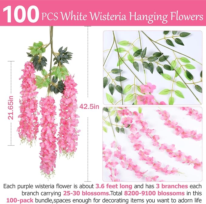 100 Pack Pink Wisteria Hanging Flowers,Fake Hanging Wisteria Flowers Garland for Decoration (3.6 Ft/Pcs)