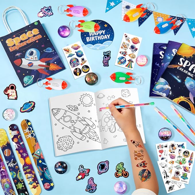 146pcs Space Party Favors Bags Fillers Include Outer Space Goodie Bags Bracelets Solar System Coloring Books etc for Astronaut Party Decorations Supplies