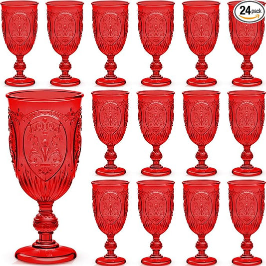 Wiwiqing 24 Pcs Plastic Goblets 7.5oz Vintage Goblet Plastic Wine Glasses Colored Retro Embossed Water Goblets for Wine Bar Juice Baby Shower Wedding Reception Grand Event Party (Red)