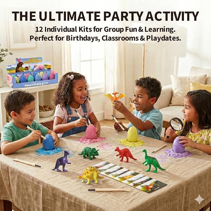 12 Pack Colorful Dinosaur Eggs Excavation Kit with Learning Cards - Dino Dig STEM Science Toy for Kids - Easter Basket Stuffers, Party Favors Birthday Gifts Classroom Activities for Boys Girls Age 3+