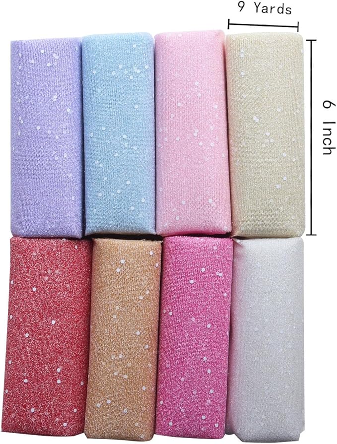 Glitter Tulle Fabric Roll 6 Inch x 9 Yards (By the Yard) 8 Assorted Colors - Durable Tulle Mesh Ribbon for DIY Tutu, Wedding Decorations, Baby Shower & Christmas Craft Supplies