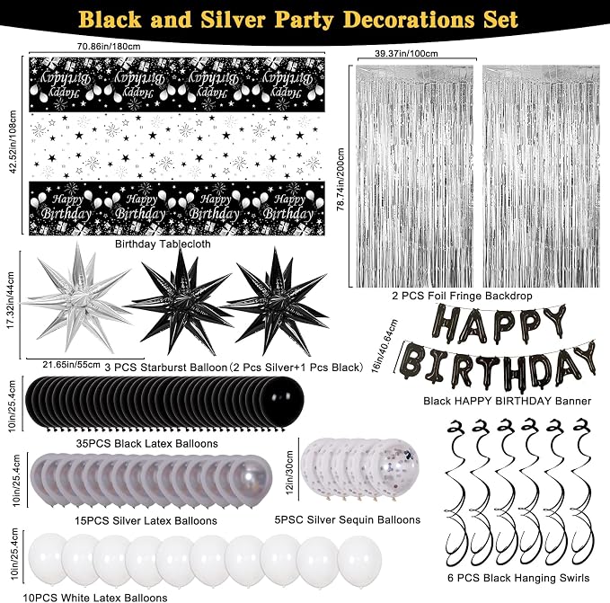Black Silver Birthday Party Decorations for Men Women, Party Decorations Kit with Black Happy Birthday Banner, Star Balloon, Silver Fringe Curtain, Hanging Swirls for DIY Theme Bday Party