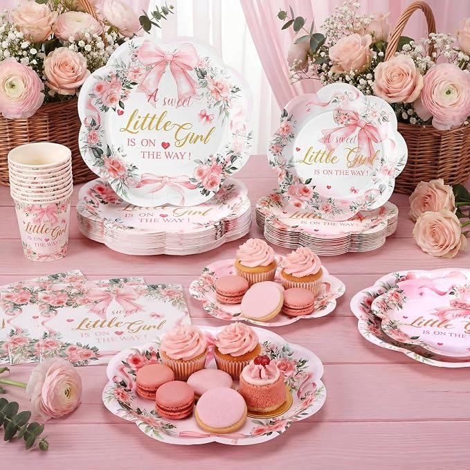 250 Pcs a Sweet Little Girl Is on The Way Baby Shower Plates and Napkins Pink Bow Baby Shower Disposable Plates and Napkins Floral Birthday Tableware Dinnerware for 50 Guests Birthday Party Supplies