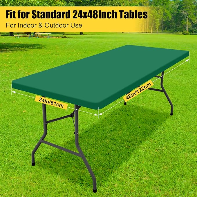 Smiry 3 Pack Rectangle Table Cloth, Elastic Fitted Flannel Backed Vinyl Tablecloths for 4ft Folding Tables, Waterproof Wipeable Table Covers for Outdoor, Camping and Picnic (Emerald Green, 24"x48")