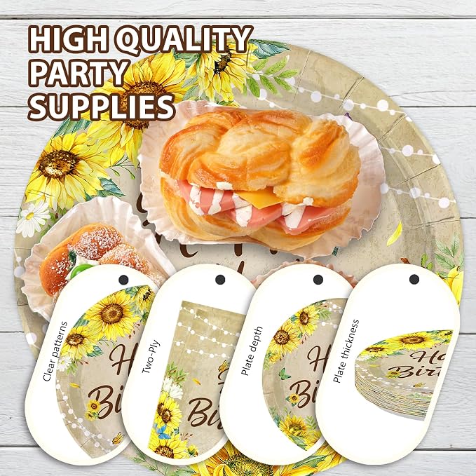 96 Pcs Sunflower Birthday Party Decorations Vintage Sunflower Plates and Napkins Disposable Yellow Sunflowers Tableware Set for Women Girls Spring Fall Birthday Wedding Party Supplies Serves 24