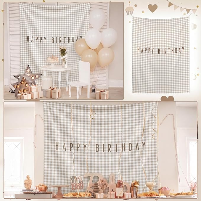 Flutesan 7x5ft Brown Gingham Happy Birthday Backdrop Large Banner Fabric Tapestry Birthday Party Decoration Baby Shower Linen Rustic Background Wall Photo Props Indoor Outdoor