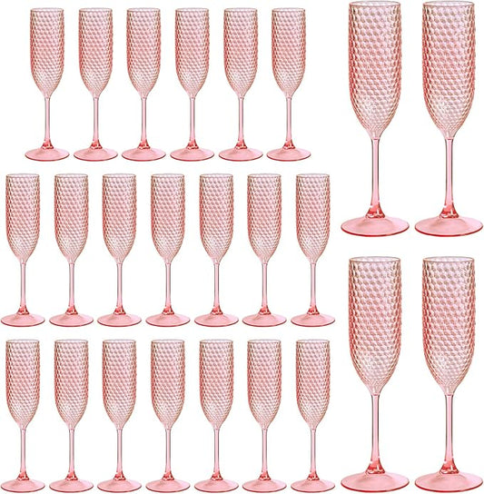 Pesonlook 24 Pack Plastic Champagne Glasses Pink Reusable Diamond Crystal Clear Wine Glasses Diamond Wine Cups Vintage Drinking Glasses for Wedding Reception, Grand Event Party Supplies