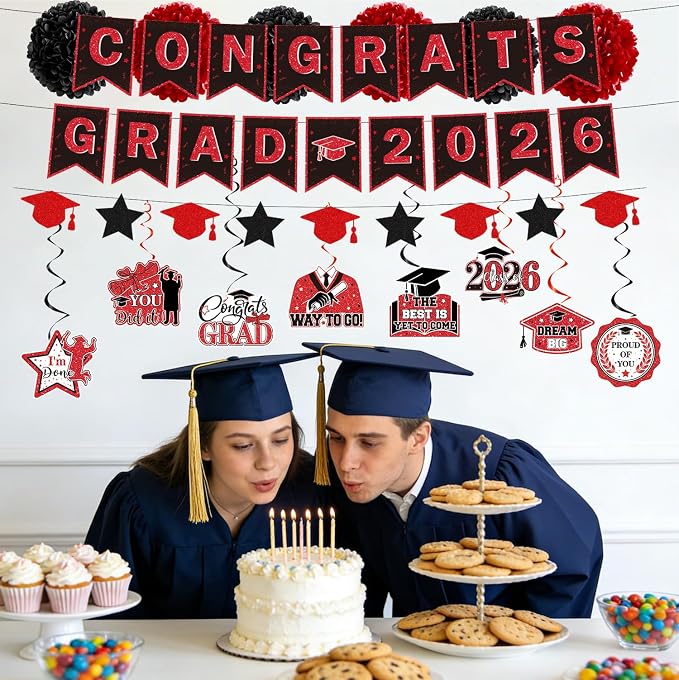 Rakuto Red and Black Graduation Decorations, Congrats Grad 2026 Banners with Hanging Swirs Party Decoration, Class of 2026 Graduation Paper Pom Poms Decor for College Grad Supplies