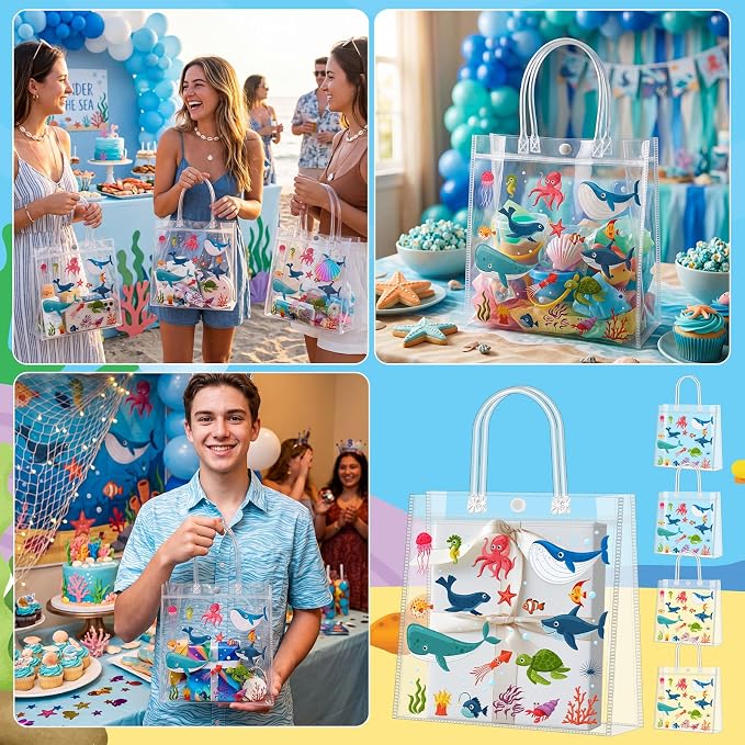 Supervitae 36 Pcs Sea Animal Clear Favor Bags with Handle Reusable Plastic PVC Gift Bag Goodies Treats Wrap Totes for Birthday Wedding Graduation Party Supplies, 8 x 8 x 3.15 Inch