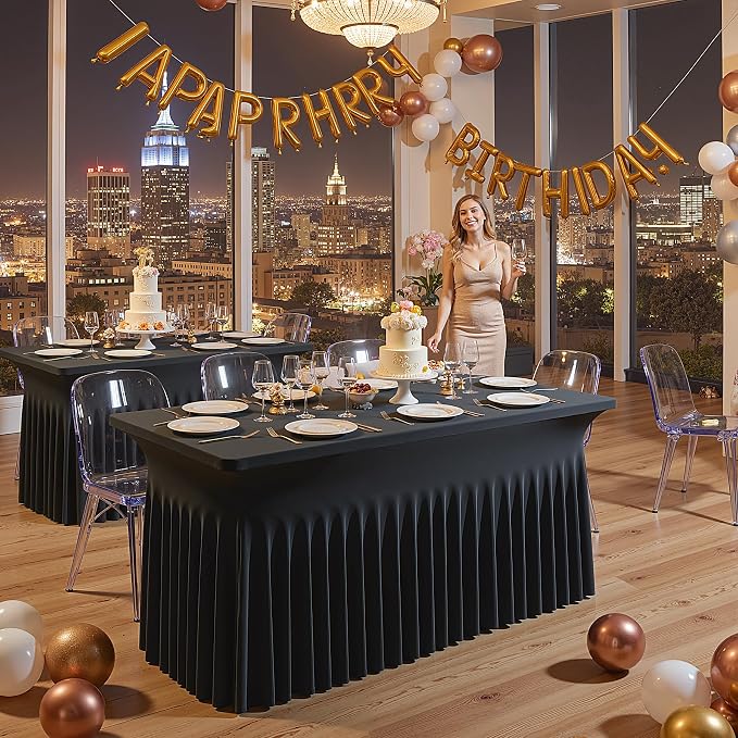 Black Spandex Table Cloths for 8 Foot Rectangle Tables, 2 Pack Wrinkle Free Fitted Table Cover 8ft Tablecloth Stretchy Table Skirt for Parties Weddings Banquet Birthday Baby Shower