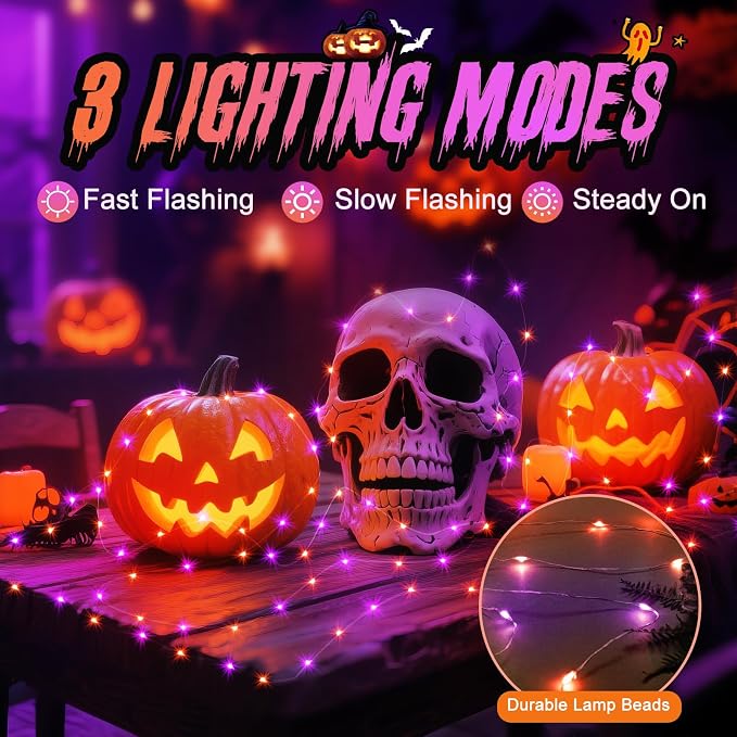 ZGWJ 8 Pack Halloween Fairy Lights Battery Operated, 7ft 20 Mini LED Fairy String Lights Silver Wire 3 Modes for DIY, Parties, Wedding, Bedroom, Halloween Decoration Orange&Purple