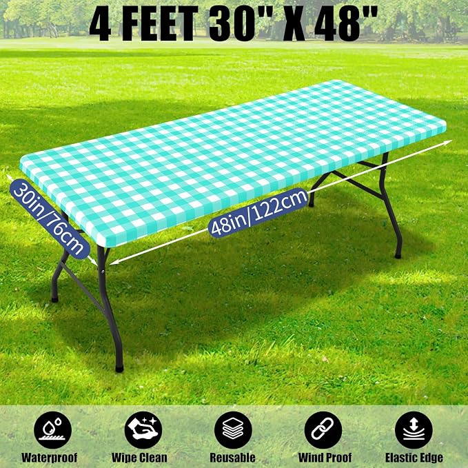 Smiry Picnic Table Cloth 6 Pack, Waterproof Elastic Fitted Tablecloths for 4FT Rectangle Tables, Washable Polyester Buffalo Plaid Tablecloth for Camping, Dining & Outdoor (Teal & White, 30" x 48")