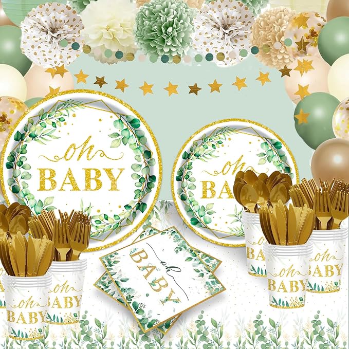 Sage Greenery Baby Shower Party Supplies - 350 PCS Gender Neutral Disposable Dinnerware Set (50 Guest) with OH Baby Paper Plates and Cups and Napkins Sets for Baby Girl Boy Shower Decorations