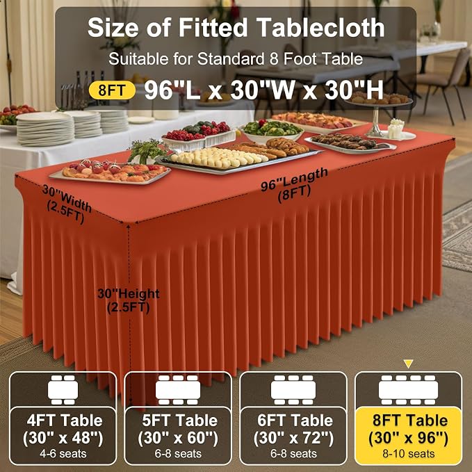 Smiry Spandex Tablecloth 2 Pack, Elastic Fitted Stretch Tablecloth for 8FT Rectangle Tables, Waterproof Washable Table Cover Skirt for Outdoor, Wedding, Banquet & Parties (Rust, 96Lx30Wx30H Inch)