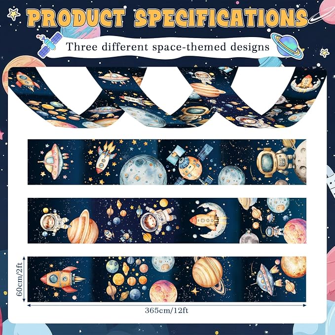 Gilprop 3 Pack Space Galaxy Ceiling Decorations for Classroom 24" x 12 ft Astronaut Rocket Planet Universe Hanging Banners, Outer Space Theme Decor for Nursery School Church Sunday Birthday Party