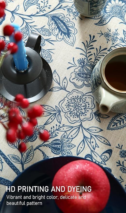 ISAENNE Designer Vintage Linen Round Tablecloth,Diameter 55"-Ruyi B | French Elegant Table Cloth for Round Table,Blue Floral Pattern,Durable,Heavyweight,Dining Room,Kitchen,Thanksgiving,Decor
