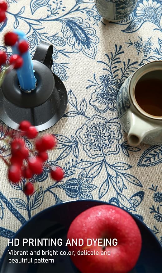 ISAENNE Designer Vintage Linen Round Tablecloth,Diameter 67"-Ruyi B | French Elegant Table Cloth for Round Table,Blue Floral Pattern,Durable,Heavyweight,Dining Room,Kitchen,Thanksgiving,Decor