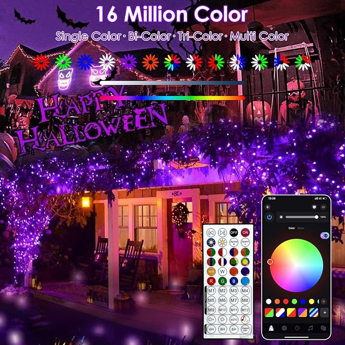 Smart Color Changing Fall Lights String 66 FT 200 LED Orange App Remote | Fall Decor, Orange Purple Halloween Lights,Music Syn, Multicolor and Modes, Custom Timer Settings, Indoor Outdoor Waterproof