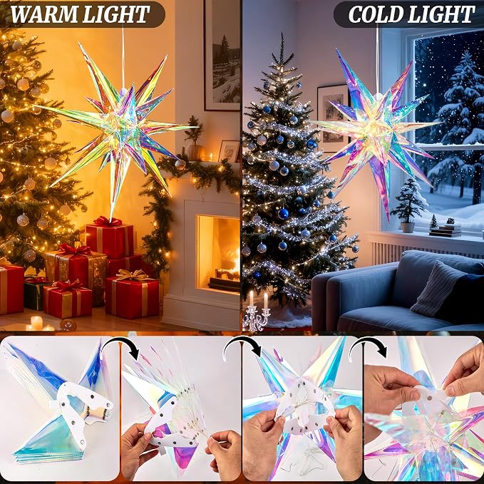 SUNBEAUTY 24 Inches Iridescent Christmas Lights Stars Lanterns Christmas Lanterns Hanging Moravian Star 3D for Wedding Birthday Christmas Home Party Decorations