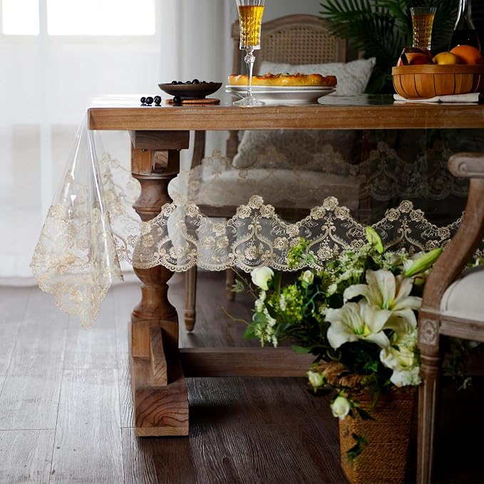 ARTABLE Vinyl PVC Rectangle Tablecloth Waterproof Clear Table Cover with Champagne Lace Macrame Border for Wedding Kitchen Home Outdoor Indoor Holidays Party Decor (Gold, 52 x 70 Inch)
