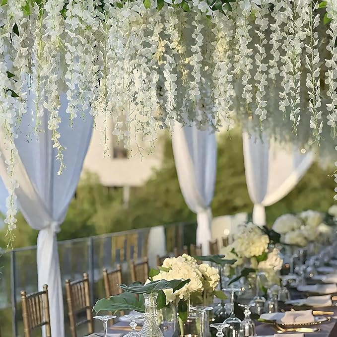 BSMYBO 60 Branches Wisteria Hanging Flowers White Artificial Wisteria Hanging Flowers Garlands Vine for Wedding Arch Party Ceremony Home Garden Backdrop Wall Decoration (4 Pack)