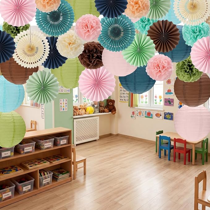 MotiMind 30 Pcs Boho Classroom Decorations Set, Hanging Paper Lanterns Paper Fans Tissue Pom Poms, Back to School Neutral Bulletin Board Hanging Decor for Ceiling Wall Birthday Backdrop Party Supplies