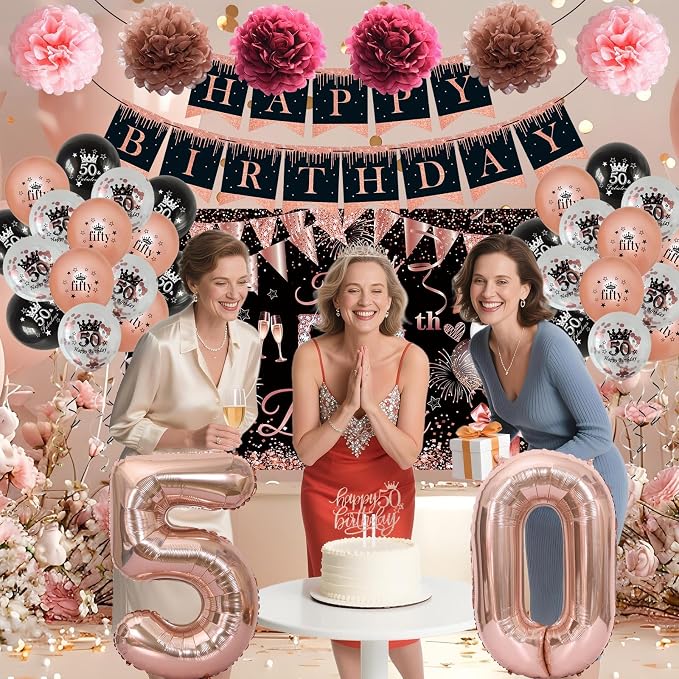 50th Birthday Decorations for Women, JKIYT Black Rose Gold Happy 50 Years Old Decor for Her Include Sash and Crown, 30pcs Balloons Banner 40" Number Balloons, Backdrop Cake Topper & Paper Pom Poms