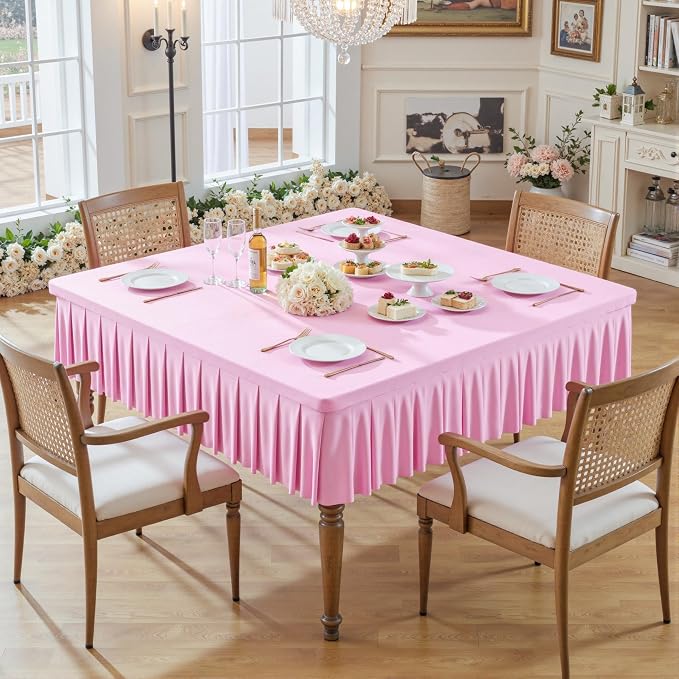 Wish Care Pink Spandex Tablecloths for 48x48 Inch Square Tables, Stretch Fitted Table Clothes with Pleated Ruffle Skirt for 48” Table, Wrinkle Free and Elastic, for Party Kitchen Home Dining