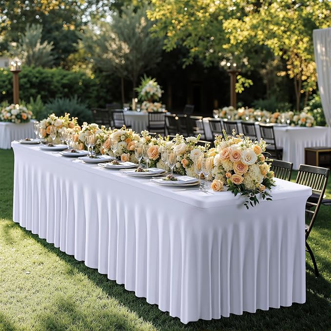NSSONBEN 2 Pack White Spandex Tablecloth 6ft with Pleats Skirt, Wrinkle Free High Stretch Fitted Tablecloths for 6 Foot Rectangle Tables, Elastic Spandex Table Covers 6ft for Parties Weddings Banquet