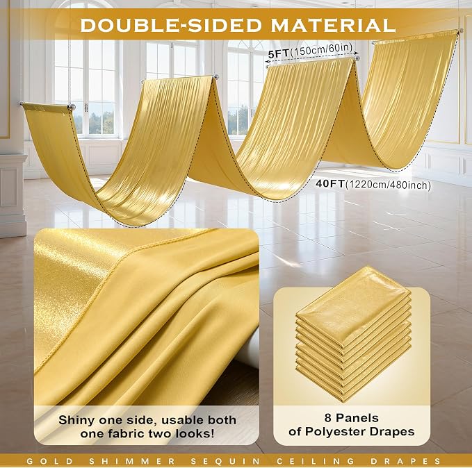 40ftx40ft Gold Ceiling Curtain for Wedding Parties – 8 Panels Wrinkle-Free 40 FT Long Tent Draping Curtains for Wedding, Birthday & Theme Parties, 40ft Height with Rod Pocket