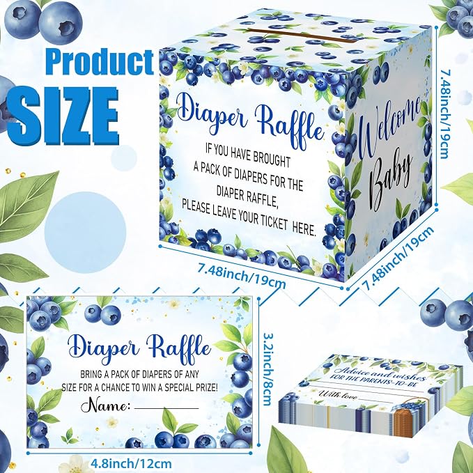 Teling 51 Pieces Diaper Raffle Tickets with Card Box Baby Shower Decorations Gender Reveal Holder Box for Girl Boy Diaper Raffle Party(A Berry Sweet Baby is on the Way)