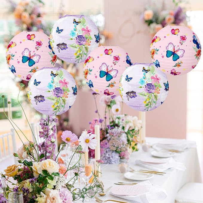 Butterfly Paper Lanterns Butterfly Hanging Decorations Round Pink Paper Lanterns Ceiling Decorations for Birthday Baby Shower Theme Party Supplies Room Decor