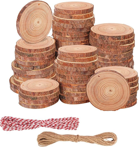 70 PCS 4 Inch Wood Slices with Hole, Small Wood Slice, Predrilled with Holes Wooden Circles Tree Slices for Centerpieces, Christmas Ornaments,Decorations, and More(Include 2 Rope)