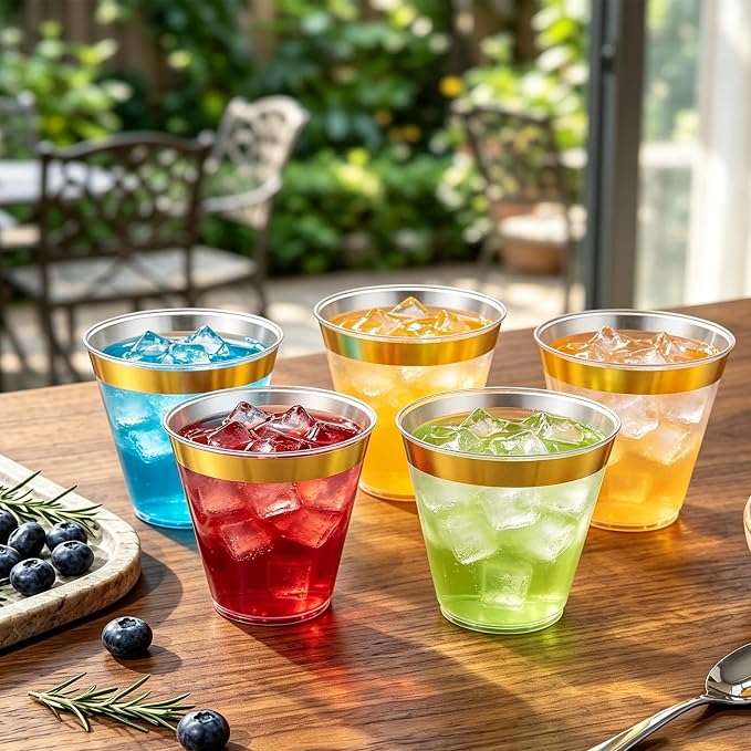 [200 Pack] 9oz Clear Plastic Cups with Gold Rimmed Sturdy & Food Safe Disposable Wine Glasses Party Wedding Cups Disposable Drinking Cups Plastic Cocktail Glasses for Wine, Juice & Cold Beverages