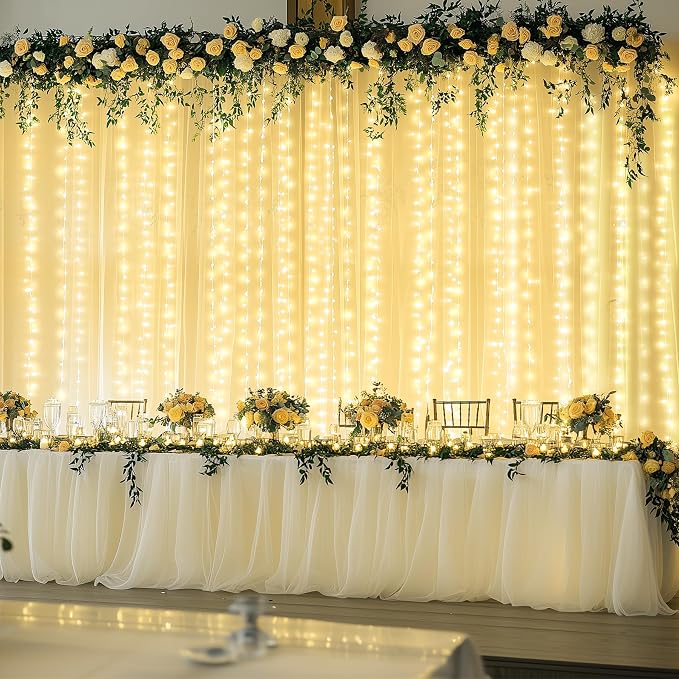 4 Panels Champagne Sheer Tulle Backdrop Curtains with Lights String for Party Wedding Wrinkle Free Curtain Backdrops Drapes for Baby Shower Bridal Shower Photo Background Home Decorations 20ft x 8ft