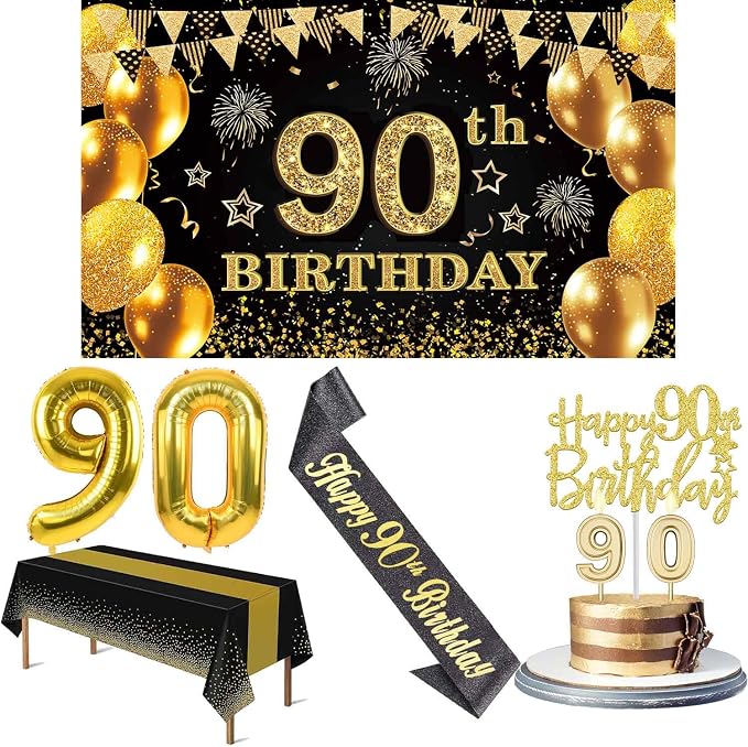 90th Birthday Decorations Men Women with 90th Birthday Banner, Black and Gold Table Cloth, Number Balloons, Large Sash, Cake Topper and Candles