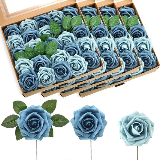 100 Pcs Artificial Foam Rose Flower Faux Bouquet Wedding Fake Rose Gift for Mother's Day Women DIY Bridal Shower Party Table Birthday Home Spring Decor (Blue Two Tone)